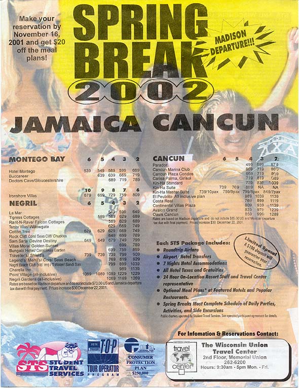 Spring Break 2002 Jamaica Cancun Large Ad